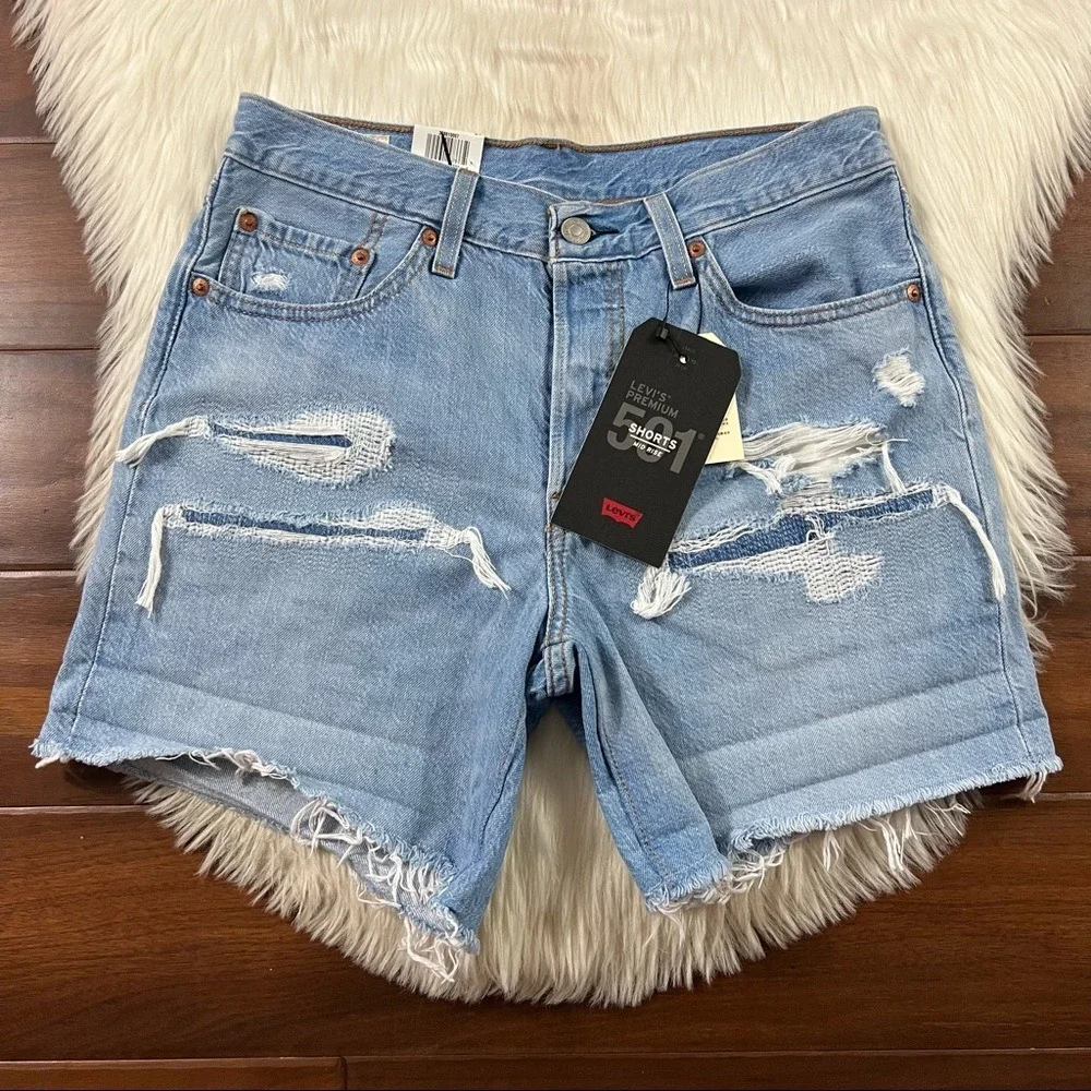 Levi's Size 27 Haze Blue Distressed 501 Long Denim Shorts